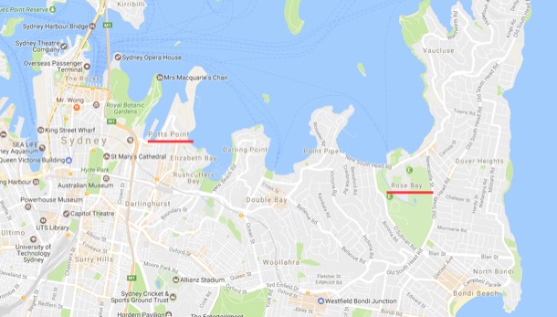 Map showing Rose Bay and Potts point.